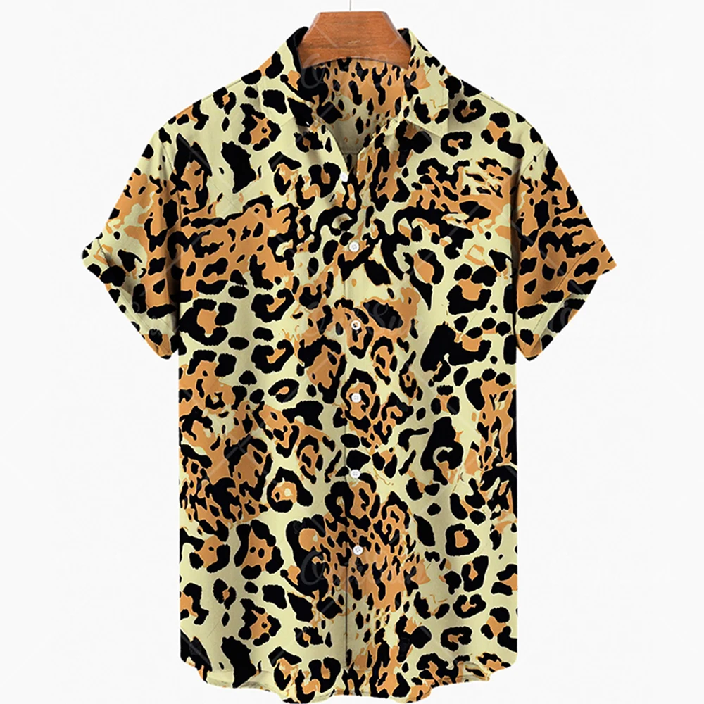 2023 Men\'s Leopard 3D Shirts Summer Hawaii Beach Shirt Men\'s Short Sleeve Retro Fashion Clothing Personalized Design Men\'s Tops