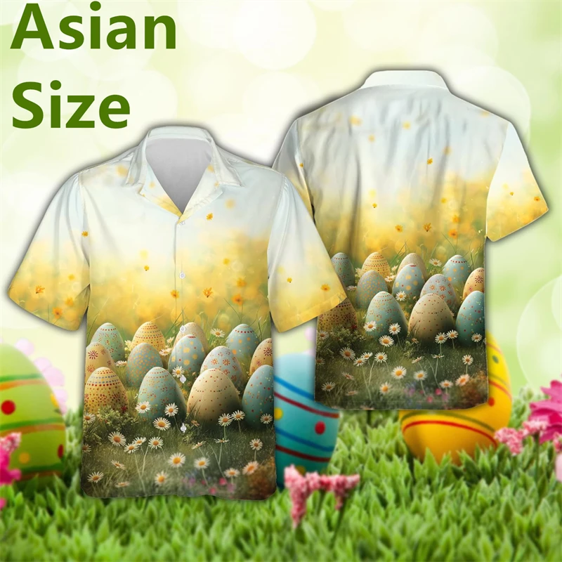 2025 Easter 3D Printed Men's Shirts Funny Cute Cartton Rabbit Eggs Pattern Short Sleeve Lapel Button Casual Shirt Bunny Tops