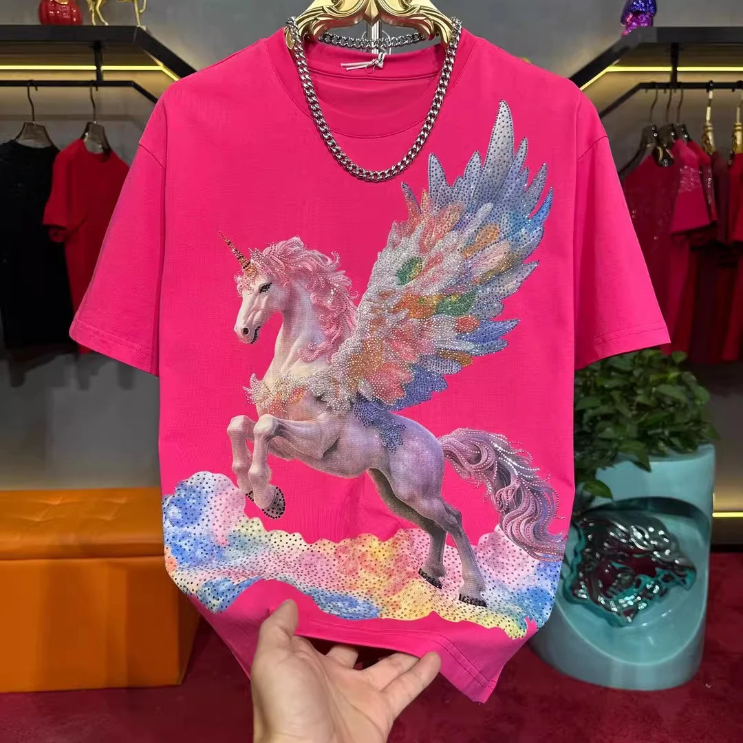 2026 Spring Summer New Rhinestone Tees Men's High-End Short-Sleeve Tops Men's Round-Neck Versatile Trendy Delicate Chic T-Shirts