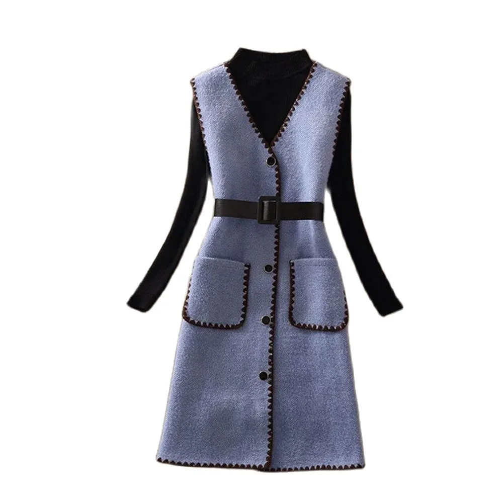 Fashion Women's Vests Waistcoat Mid-Length Single-Breasted Vest Jacket Elegant Autumn And Winter Slim Sleeveless Coat With Belt