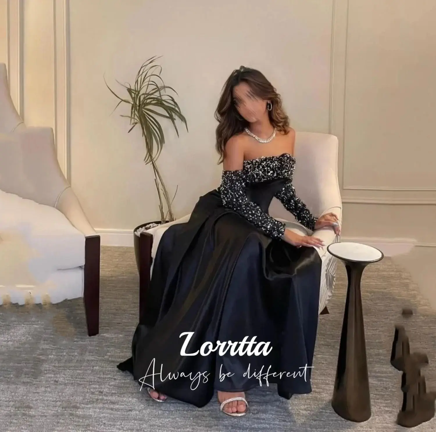 Lorrtta Black Satin Prom Dresses Saudi Arabia Dubai Women Wear Sequins Long Sleeves Strapless Evening Party Wedding Guest Gown