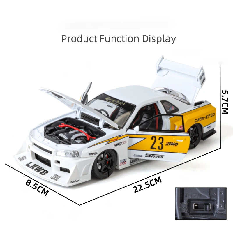 1:24 Nissan Skyline Ares GTR R34 zmodyfikowany szerokokadłubowy stop Model samochodu sportowego odlew Model samochodu Raing dźwięk i światło zabawka dla dzieci prezent