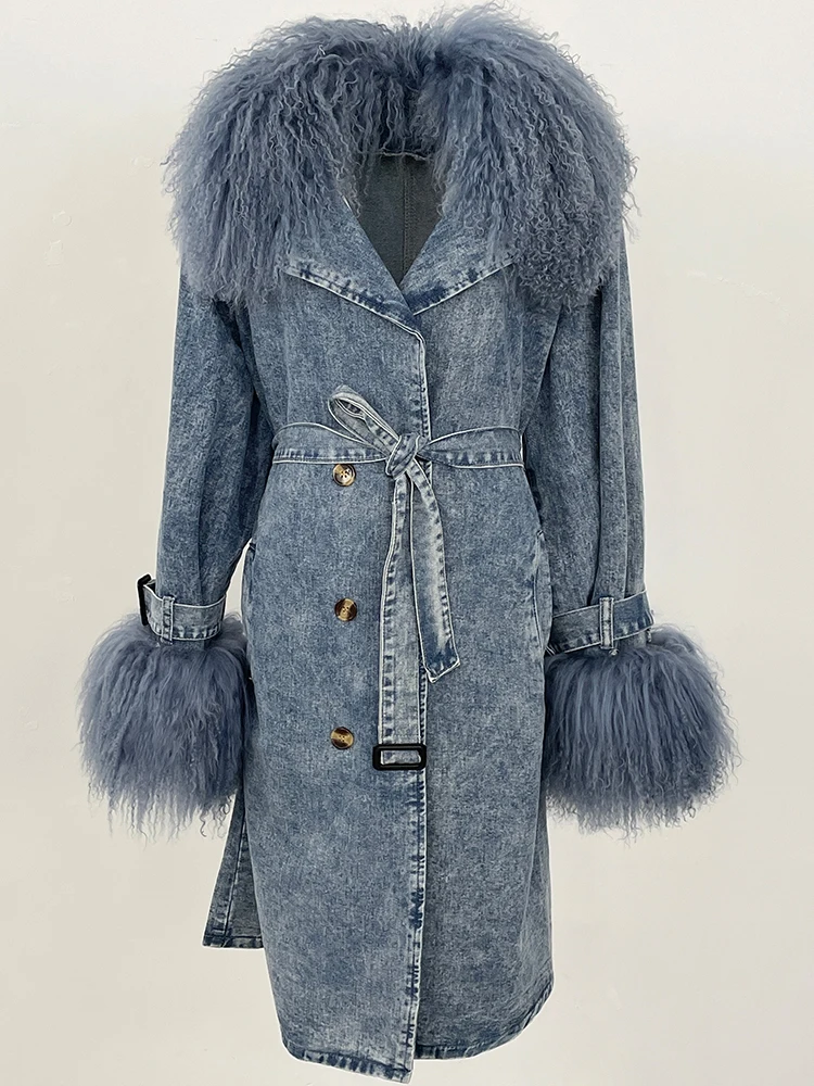 جديد 2025 معطف الشتاء الإناث النساء ريال منغوليا الأغنام الفراء الدنيم سترة كبيرة ريال الفراء طوق الملابس حزام طويل الجينز سترة