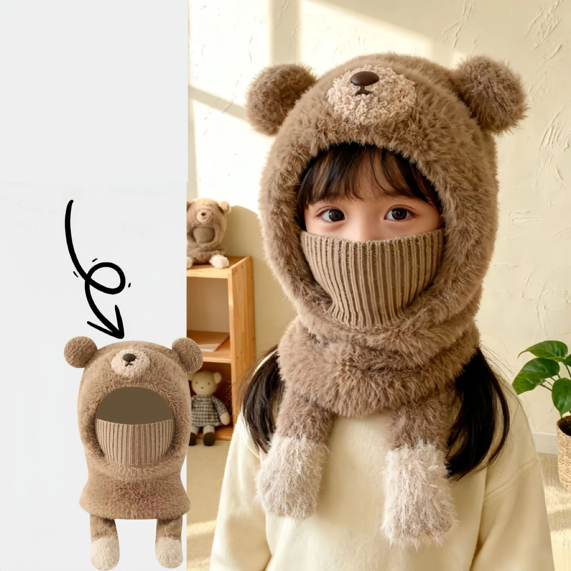 Cute Bear Kids Winter One Piece Hat Scarf Plush Fleece Earflap Balaclava for Kids Knitted Mask Windproof Warm Cap for Boys Girls