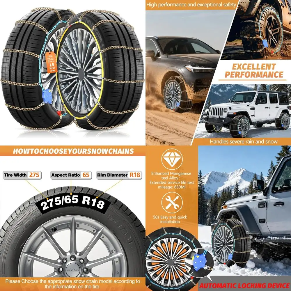 

Auto Lock Snow Tire Chains,50s Quick Easy,Enhanced Manganese Steel Alloy,Endurance Life 650 Mi,Icy Snowy Road Tire Traction for