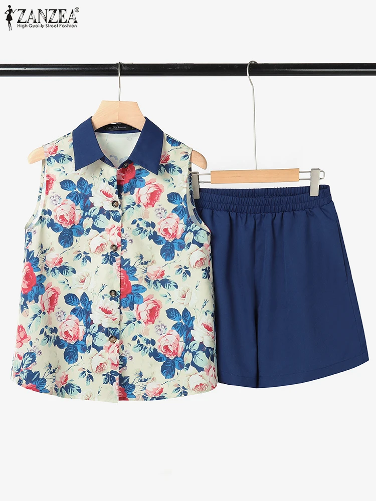 ZANZEA Set 2 Potong Wanita Fashion Pakaian 2 Potong Musim Panas Kemeja Cetak Tanpa Lengan Setelan Pendek Set Liburan Kasual Yang Cocok 2025