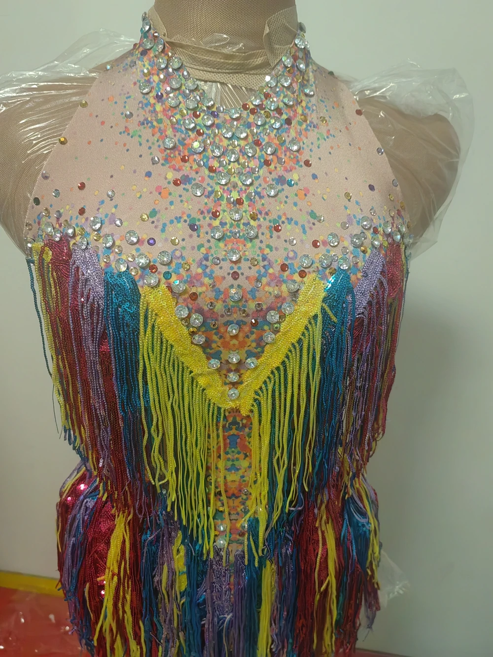 Sparkly Rhinestones Colorful Sequins Tassels Bodysuit for Women Sexy Performance Dance Costume Stage Wear Singer Dancer Clothing