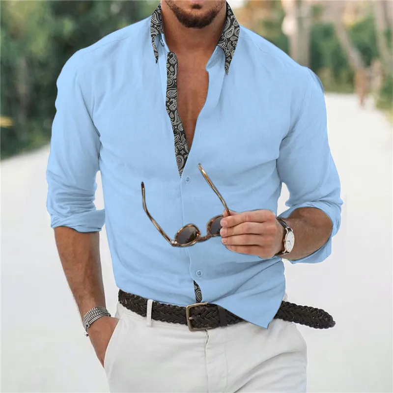 Mature Men Clothing Senior Spring Cuban Neck Shirt for Men Solid Color Fashion Loose Casual Drop Long Sleeve Men Dress Shirt