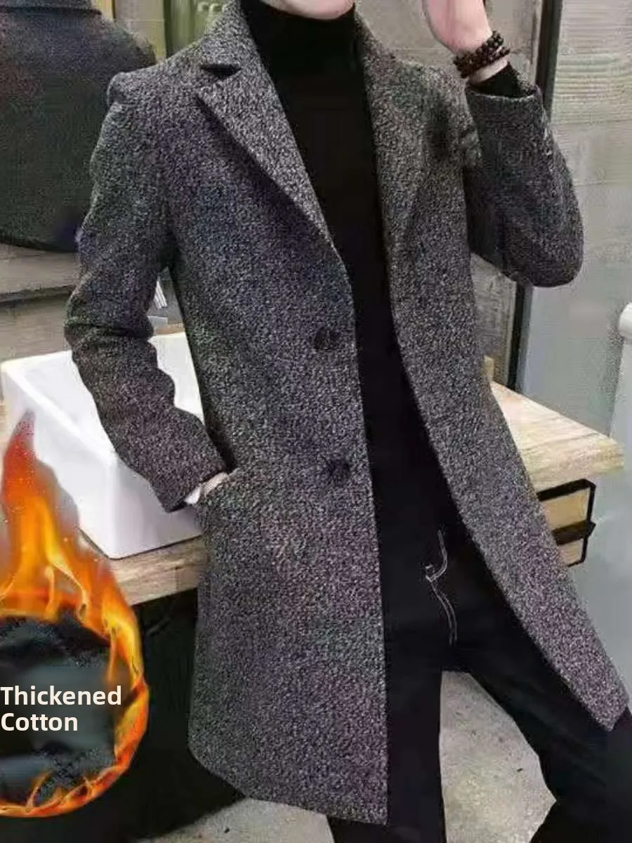 

Men's Thiened Mid-Length Woolen Coat Autumn Winter Faion Outerwear Classic Sle Single-Button Closure Long Coat