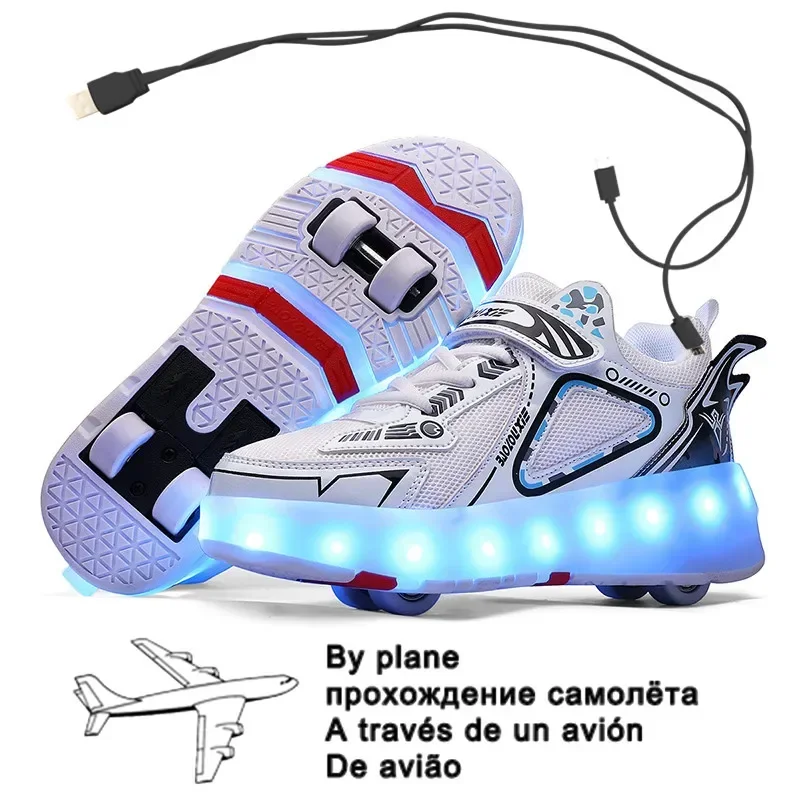 New Pink USB Charging Fashion Girls Boys LED Light Roller Skate Shoes For Children Kids Sneakers With Wheels Four wheels