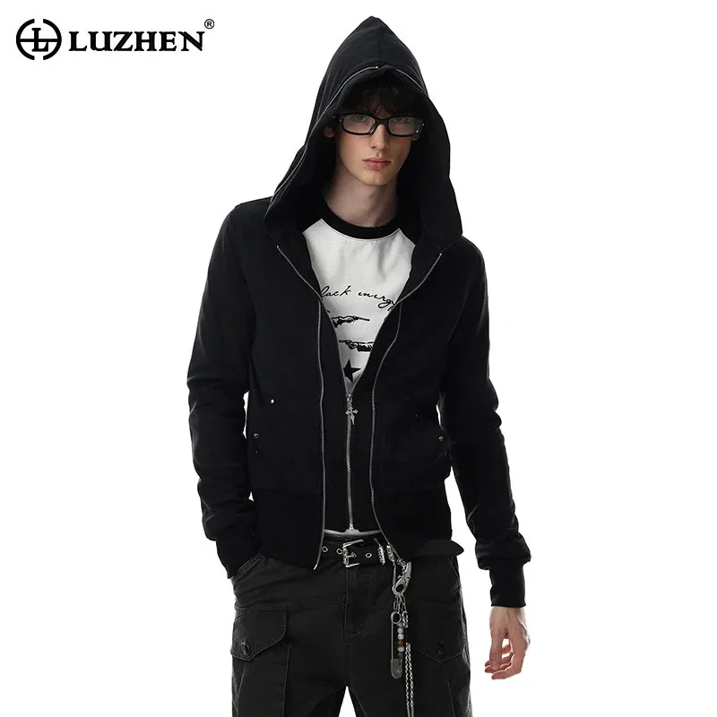 LUZHEN 2026 New Trendy Double Layer Fake Two Piece Design Hoodies Coat Men's Fashion Handsome Solid Color Street Clothes JY8921