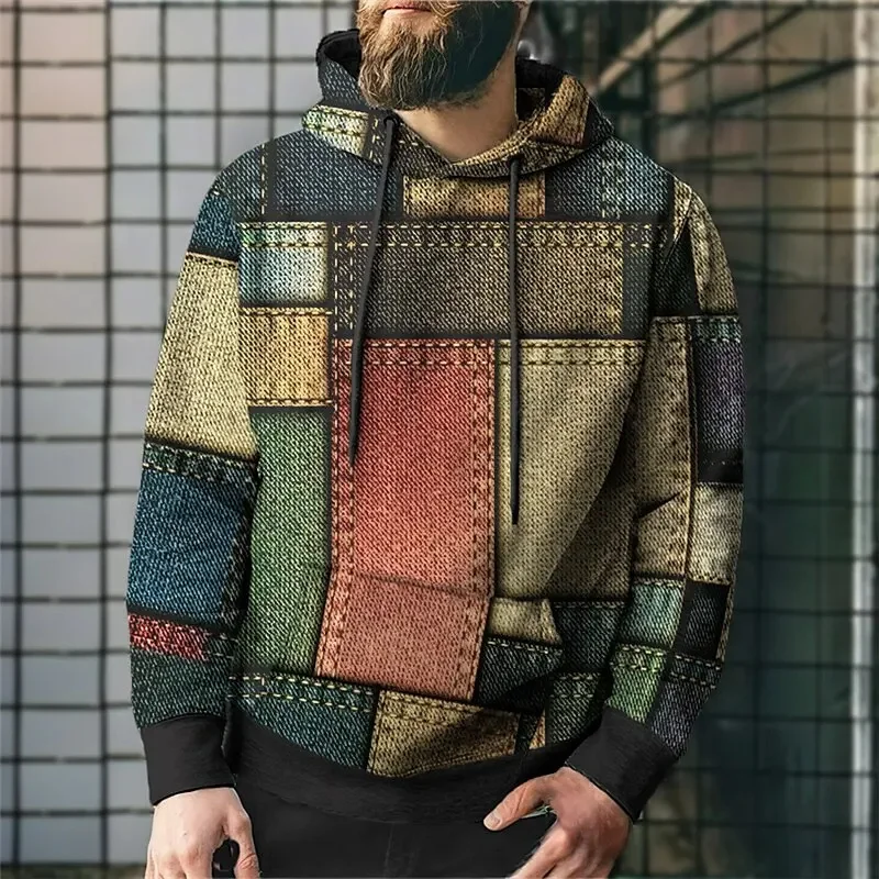 Vintage Stitching Pattern Hoodies Fashion Spring Autumn Long Sleeve Mens Trend 3D Printed Sweatshirt Casual Oversized Pullovers