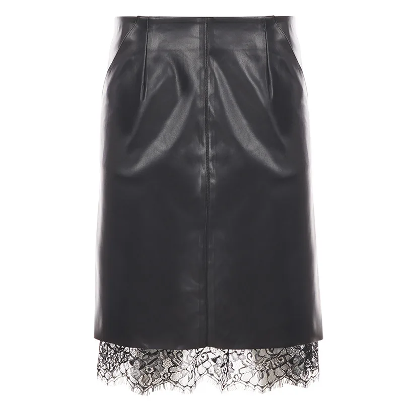 temperament lace patchwork leather skirt slimming tight fitting wrapper hip skirts