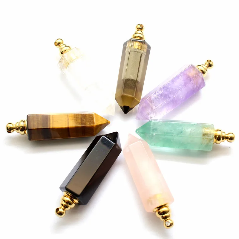 Natural Gems Stone Faceted Prism Perfume Bottle Pendants Necklace,Cut Hexagon Points Crystal Essential Oil Diffuser Vial Charms