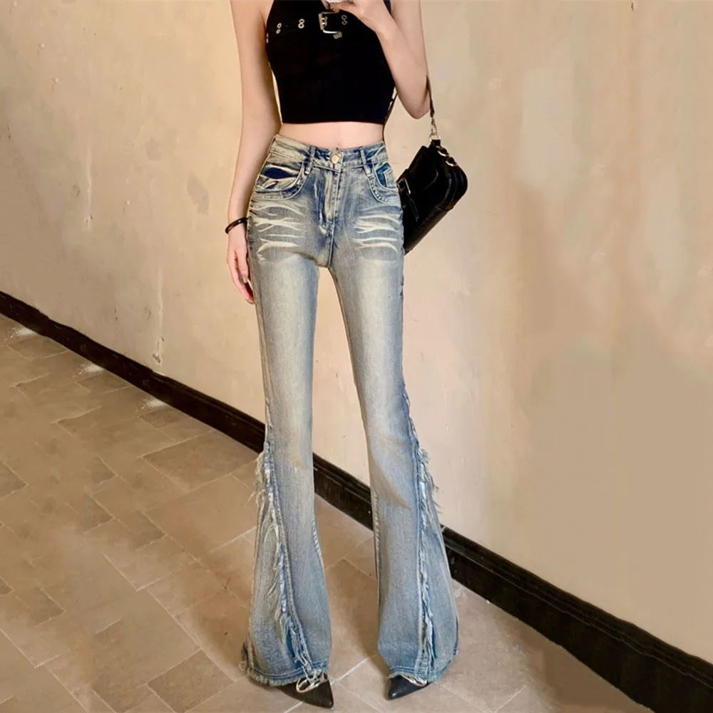 

Blue High Waist Denim Trousers Lady American Fashion Streetwear Wide Leg Women Jeans Bell-bottoms Elegant Baggy Flare Denim Pant