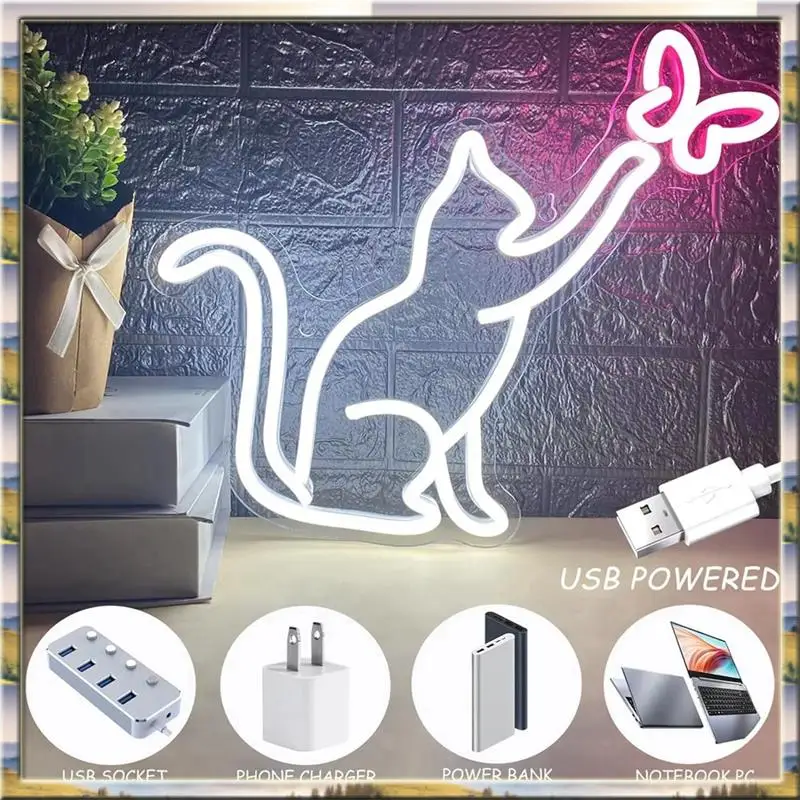 

DHDL Cat Neon Sign USB Powered Dimmable Switch Butterfly LED Neon Light Wall Decor For Bedroom Birthday Kids Girl Gift