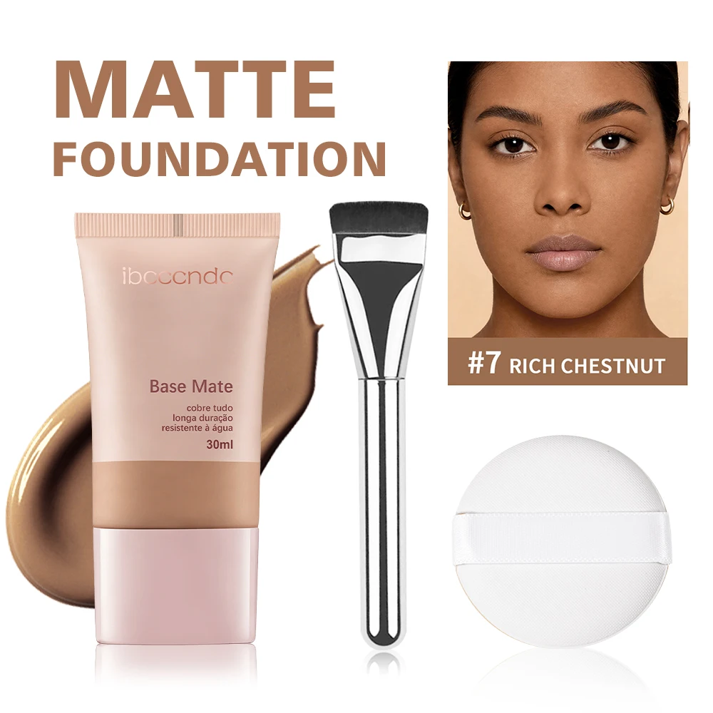 3pcs Liquid Foundation With Brush And Puff Oil Control Natural Coverage Soft Matte Finish Waterproof Sweatproof Long Lasting