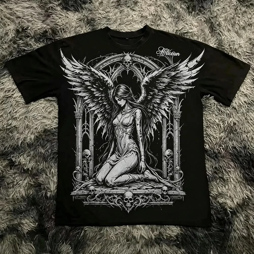 Vintage Y2K Affliction Guitar Wings Grunge Graphic Short Sleeve Print T-shirt Men Women Cotton Harajuku Vintage Streetwear Tops