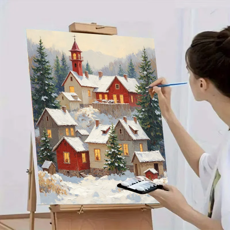 Professional Art Use, 2D Flat, Gratitude/Christmas Adult Beginner DIY Frameless Paint by Numbers Kit, Winter Warm Light Mountain