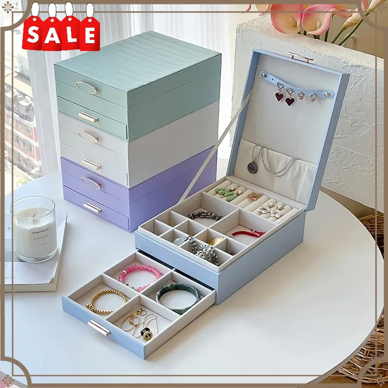 

Новая двухслойная шкатулка для украшений большой вместимости, подходит для сережек, колец и ожерелий, шкатулка для украшений в стиле выдвижного ящика.