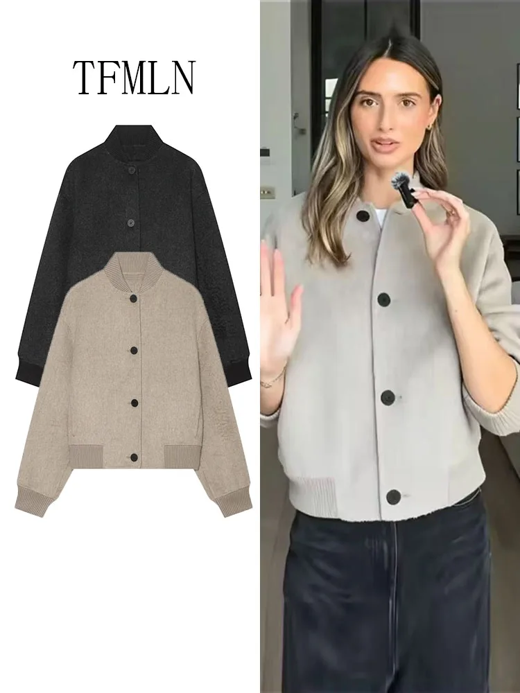 TFMLN Women's 2026 Autumn Bomber Jackets Fashion Loose Straight Street Tops Single Breasted Warm Coats Unique Casual Outwear