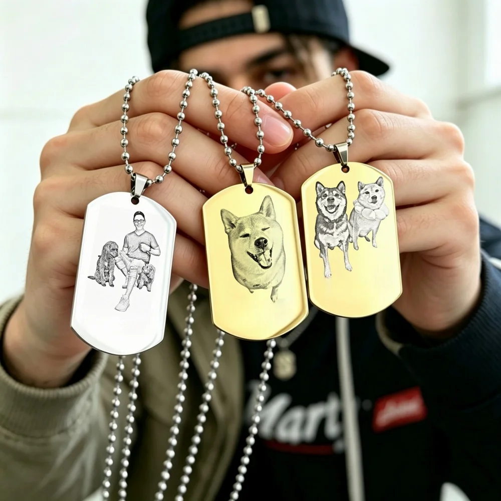 Customized Pet Photo Portrait Necklace Stainless Steel Engrave ID Dog Tag Army Pendant Chain For Woman Jewelry Personalized
