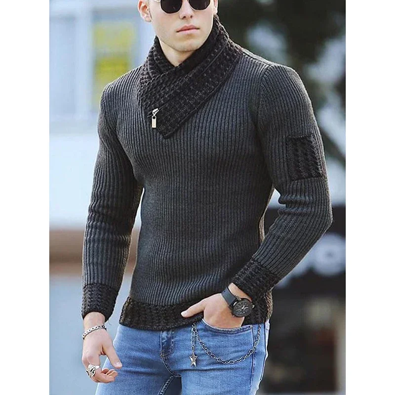 

Spring Stylish Large Men's Sweater Pullover Long Sleeve Fashion Scarf High Collar Handsome Patchwork Sweater Clothing Man