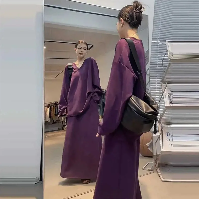 

Women's Set Skirt 2025 Autumn and Winter New Loose Solid Color Medium Long V-neck Lazy Sweatshirt+high Waist Skirt Two-piece Set