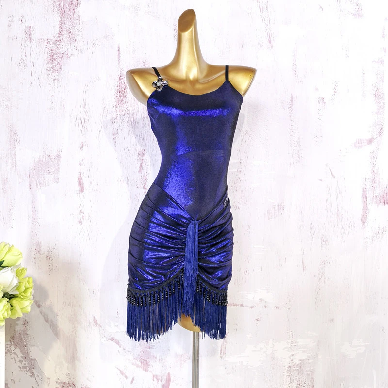 

Hip-Covering Latin Dress Sleeveless New Style Female Practice Royal Blue Tassel Samba Suspender Sleeveless High-End Dress