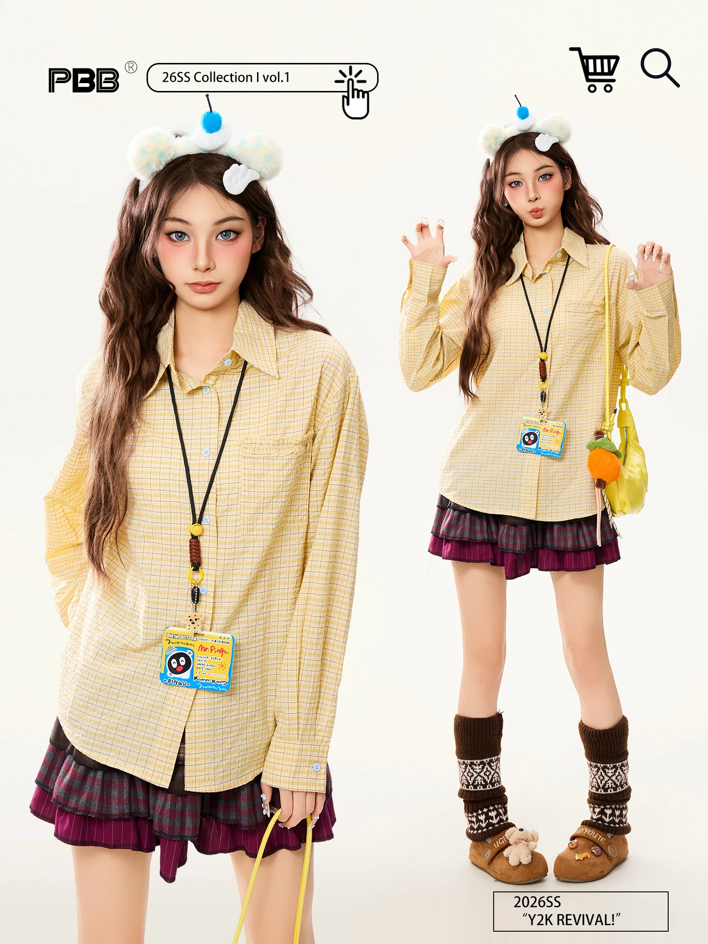 

PBB American Casual Plaid Loose Long Sve irt Women Commuting Anti-Aging Yellow Top Coat Spring 2026 Versatile Cotton Blend