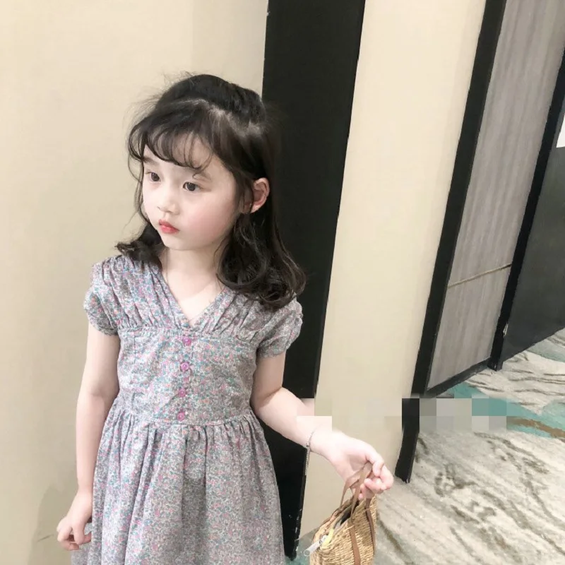 

Girls Skirt V-neck Floral Single-breasted Dress Princess Dress 2025 Summer New Children's Clothing