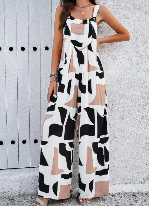 Summer Square Neck Vacation Style Geometric Print Sleeveless Camisole Vest Jumpsuit for Women, High Waist Wide Leg Jumpsuit