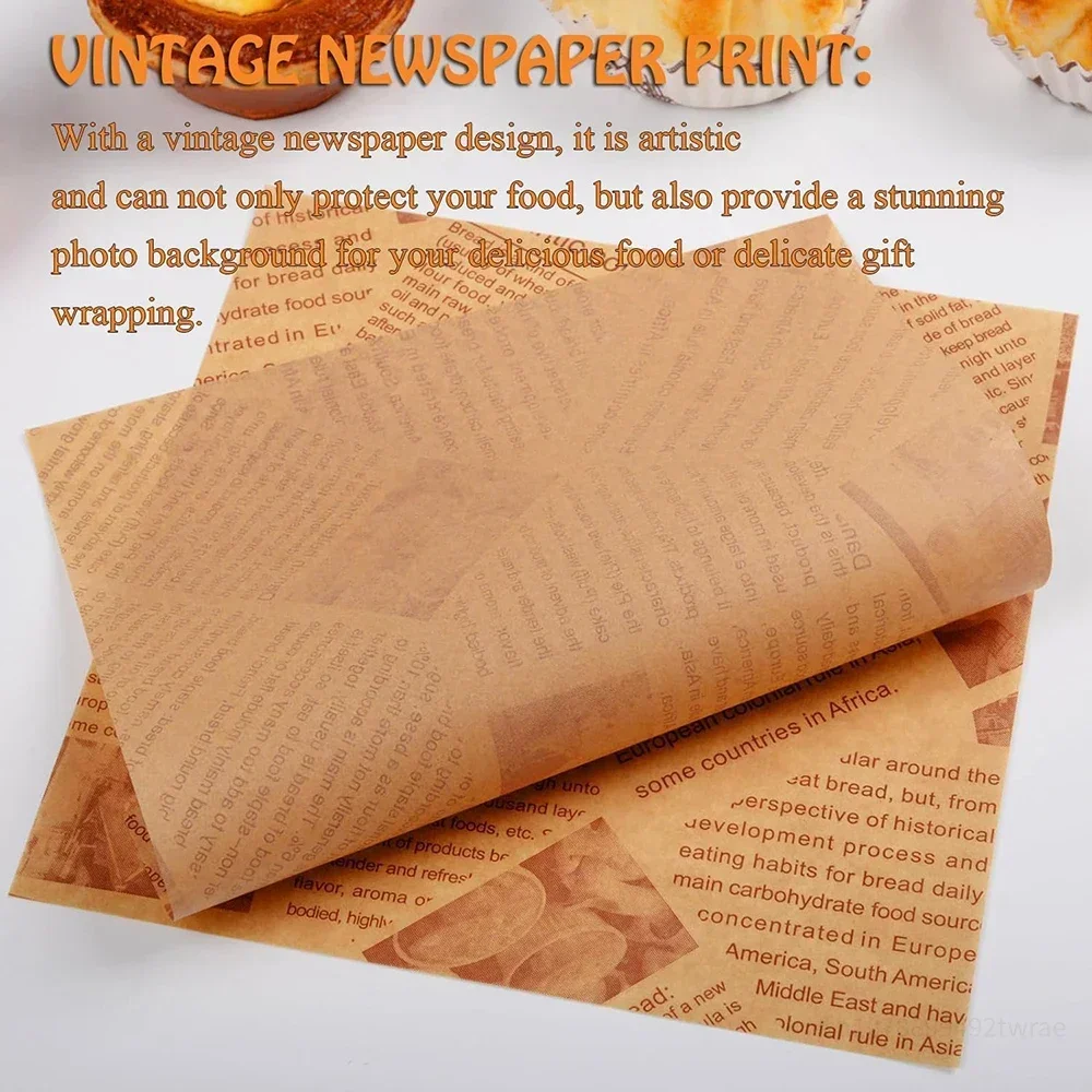 100Pcs Deli Wax Paper Sheets for Food Basket Liner Old Newspaper Style Printed Greaseproof Deli Paper for Wrapping Bread Burgers