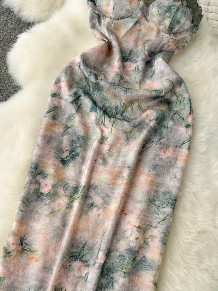 Foamlina Retro Style Chest Padded Floral Lace Trimed Suspender Dress for Women Summer Sexy Sleeveless Printed Party Long Dress