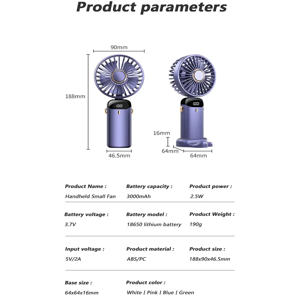 2023 Nieuwe Ventilator Draagbare Handheld Fold Office Desktop Multifunctionele Opvouwbare Dubbele Batterij 3000Mah Elektrische Ventilator Met Nek Lanyard