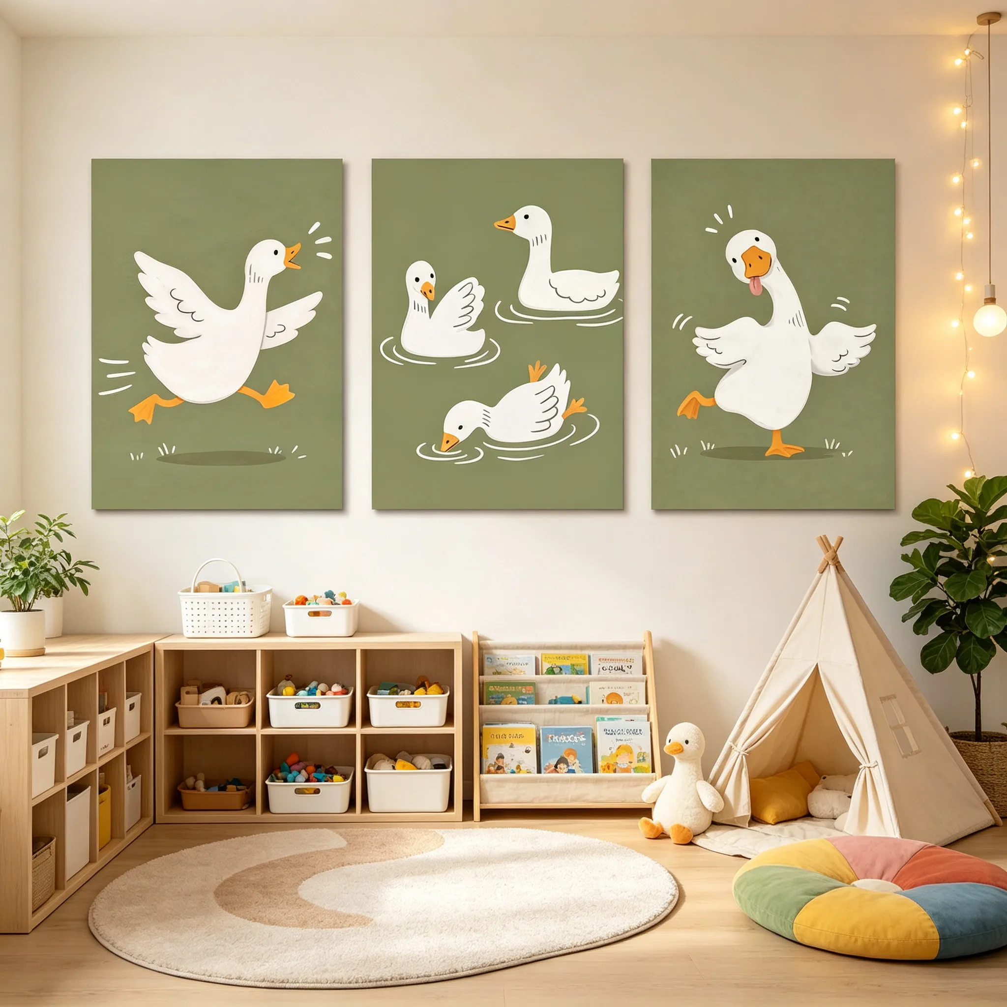 3pcs frameless Canvas Painting Set of 3 White Duck Canvas Posters Nordic Cartoon Animal Wall Art Prints Sage Green Nursery Wall
