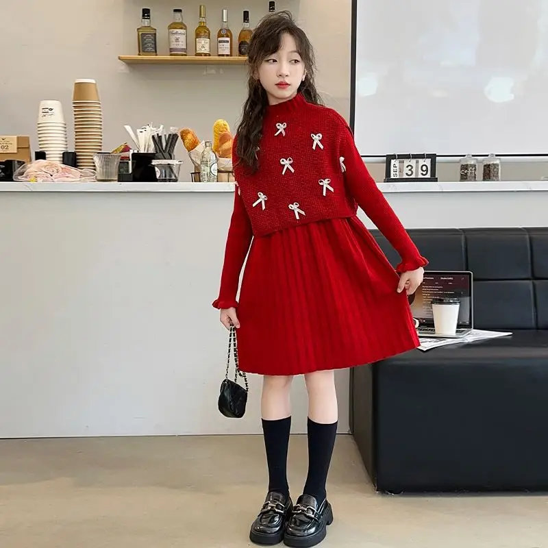 2024 girls clothes retro red spring winter sweater long sleeve dress + bow teenager sweater blouse child set 4 8 9 10 11 12 year