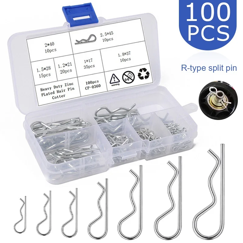 100Pcs Metal Pins R-type Cotter Pins Wave Latch Bolt Locking Pin Split Pin Tractor Clip Mechanical Hitch Pin Carbon Steel