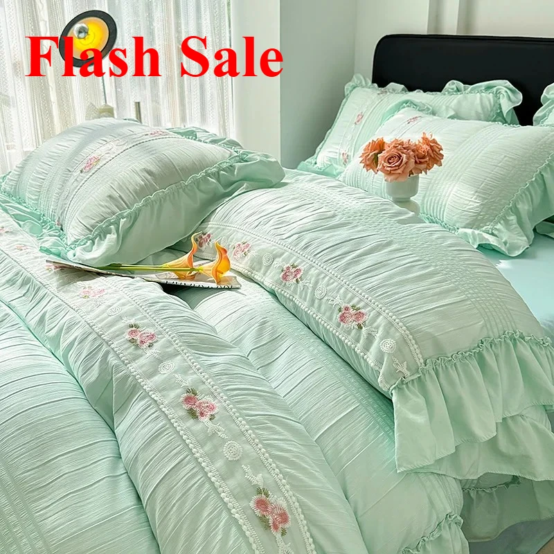 

Flash Sale Korean Princess Style Lace Ruffles Wedding Bedding Set Washed Cotton Soft Duvet Cover Set Bed Sheet Pillowcase 3/4Pcs