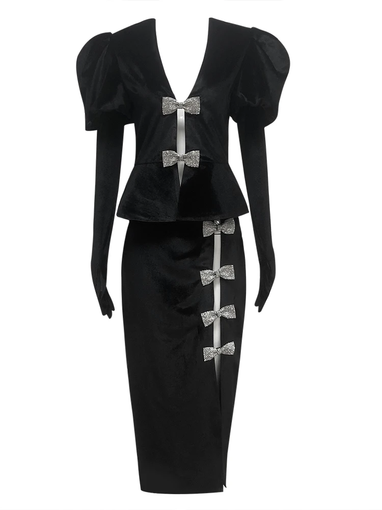 Women Short Sleeves Black Velvet Skirts Two Piece Set Sexy V Neck Diamonds Bow Top+Midi Split Skirt Suits Evening Party Cocktail