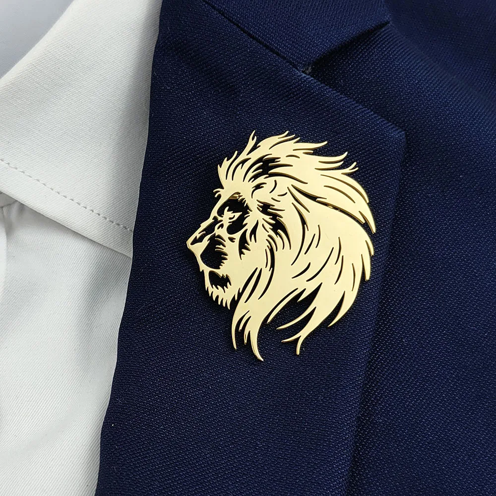 

Original design lion head hollow stainless steel gold-plated 18K brooch, suit lapel pin, men's formal dress accessories