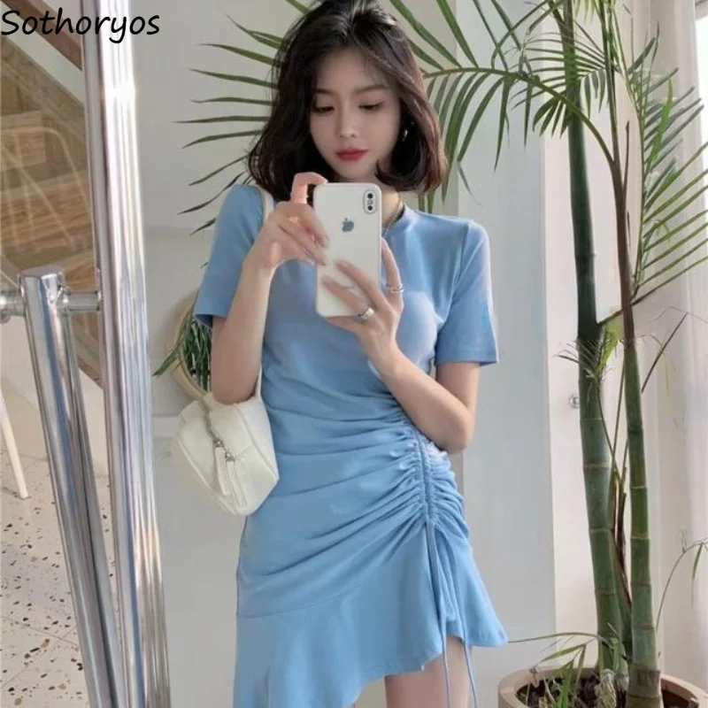 Dresses Women Solid Folds Trendy Stylish All-match Spring Streetwear Ladies Korean Style Simple Daily Delicate Leisure Cozy New