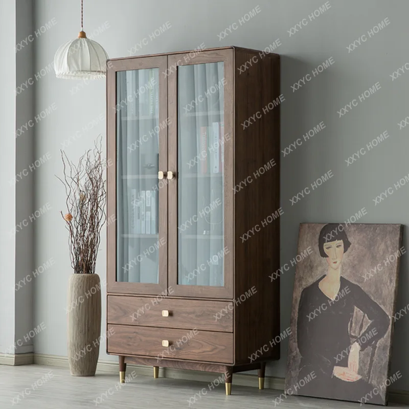 Walnut Solid Wood Bookcase Living Room Storage Locker Floor to Floor Glass Double Door Standing Cabinet Simple Bookcase