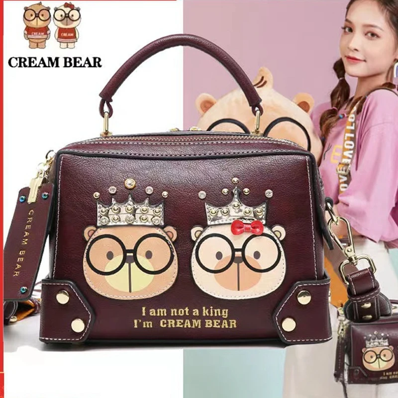 

CREAM BEAR Ladies Bag Luxury Designer Cross Body Fashion Women Side Bag Shoulder 2024 New High Quality Leather Small Square Bag