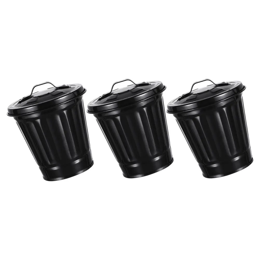 

3Pcs Small Trash Can Metal Bucket Lid Mini Desktop Wastebasket Pen Holder Flowerpot Multifunctional Compact Space Saver