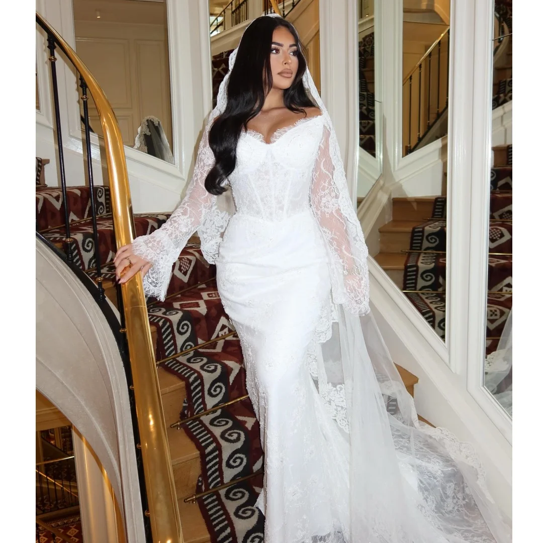 

Mermaid Wedding Dresses Long Sleeves Lace Sequins Vestido de Novia Customized Arabic Off the Shoulder Robe De Soirée