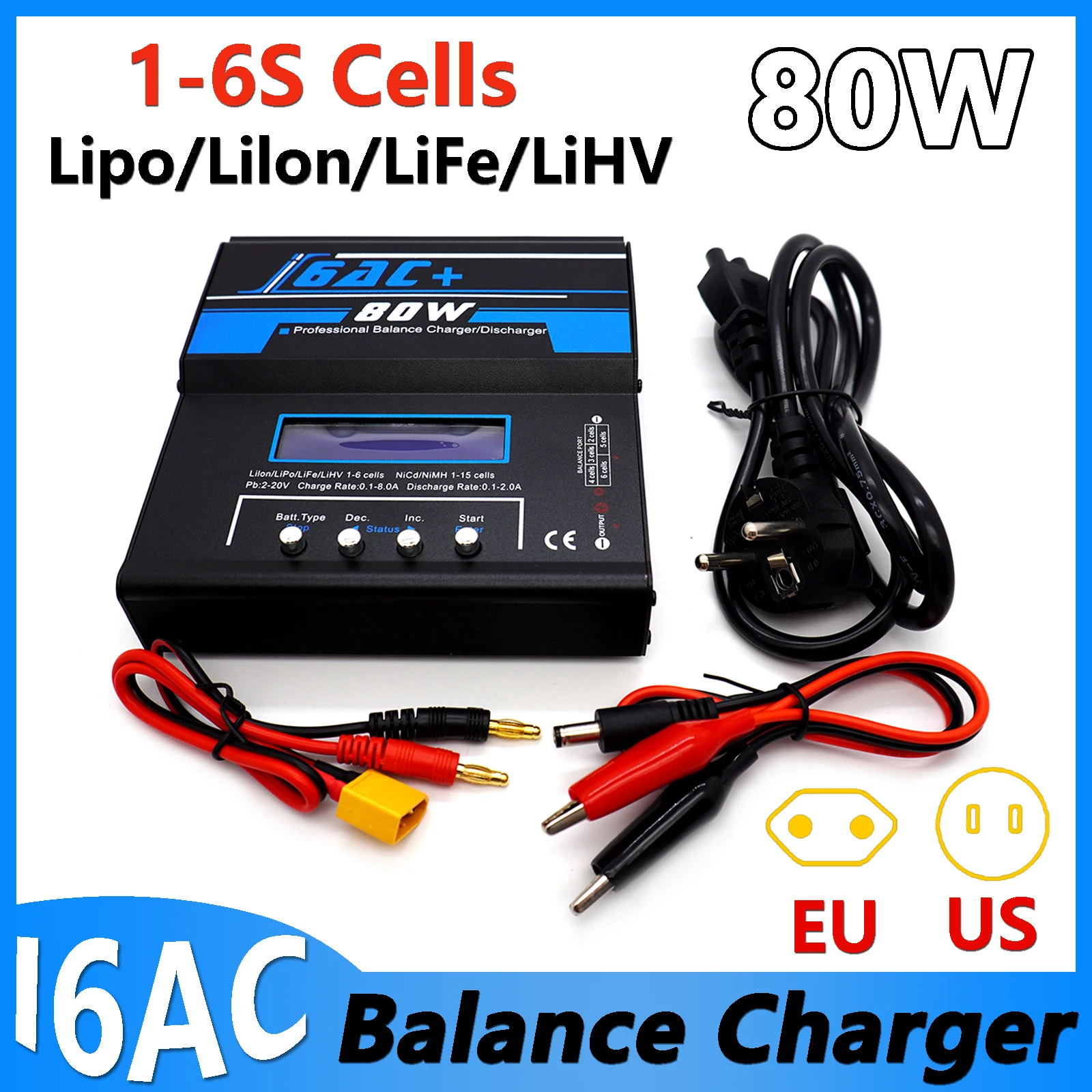 I6AC 80W Multifunction Smart Charger 1-6 Lipo/Lilon/LiFe/LiHV Battery Charger With US/EU Plug for RC FPV Drone Airplane Car Boat