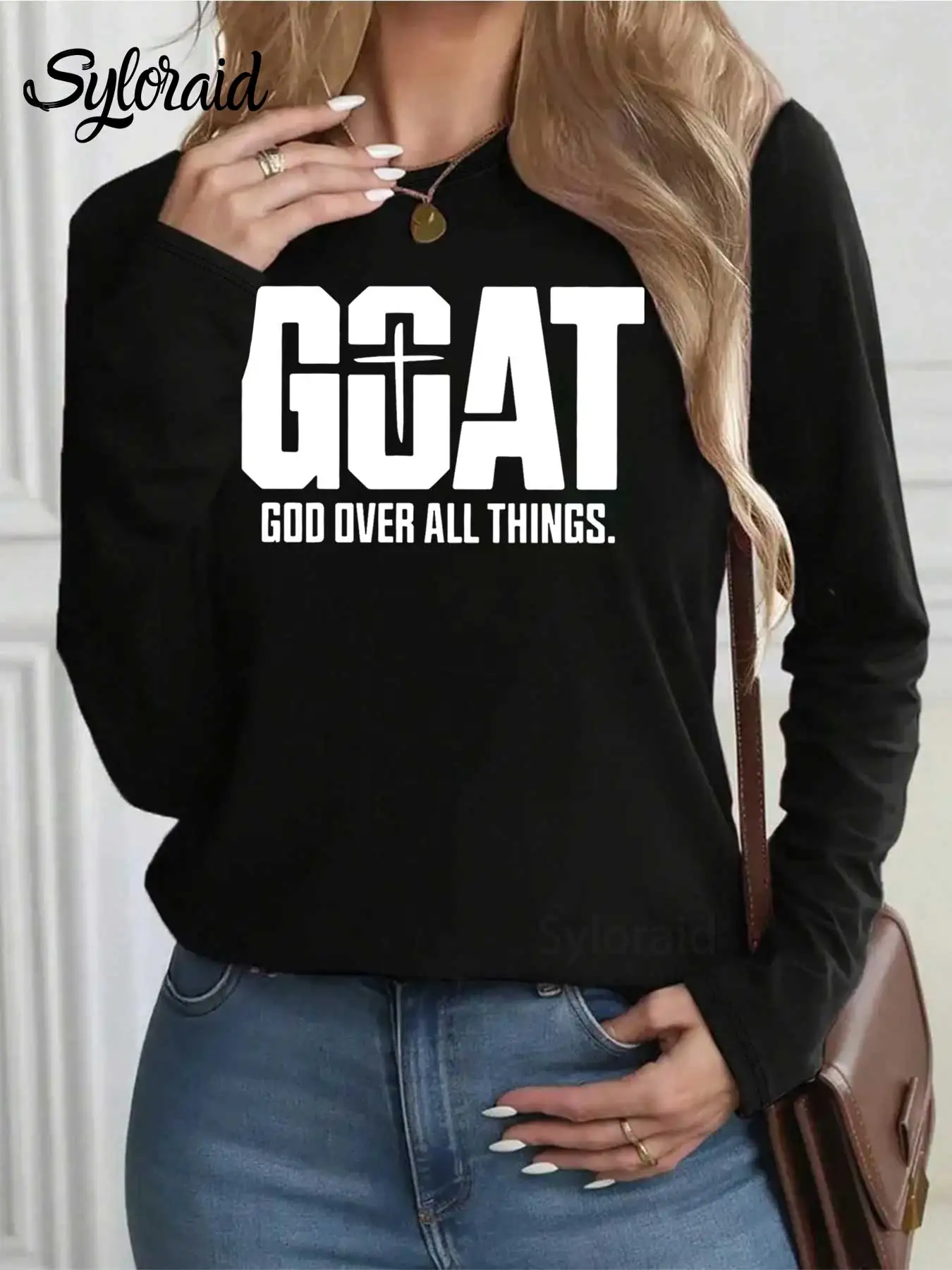 Dames T-shirt met lange mouwen GEIT God over alle dingen T-shirt Christelijk religieus shirt Mode ronde hals Casual top