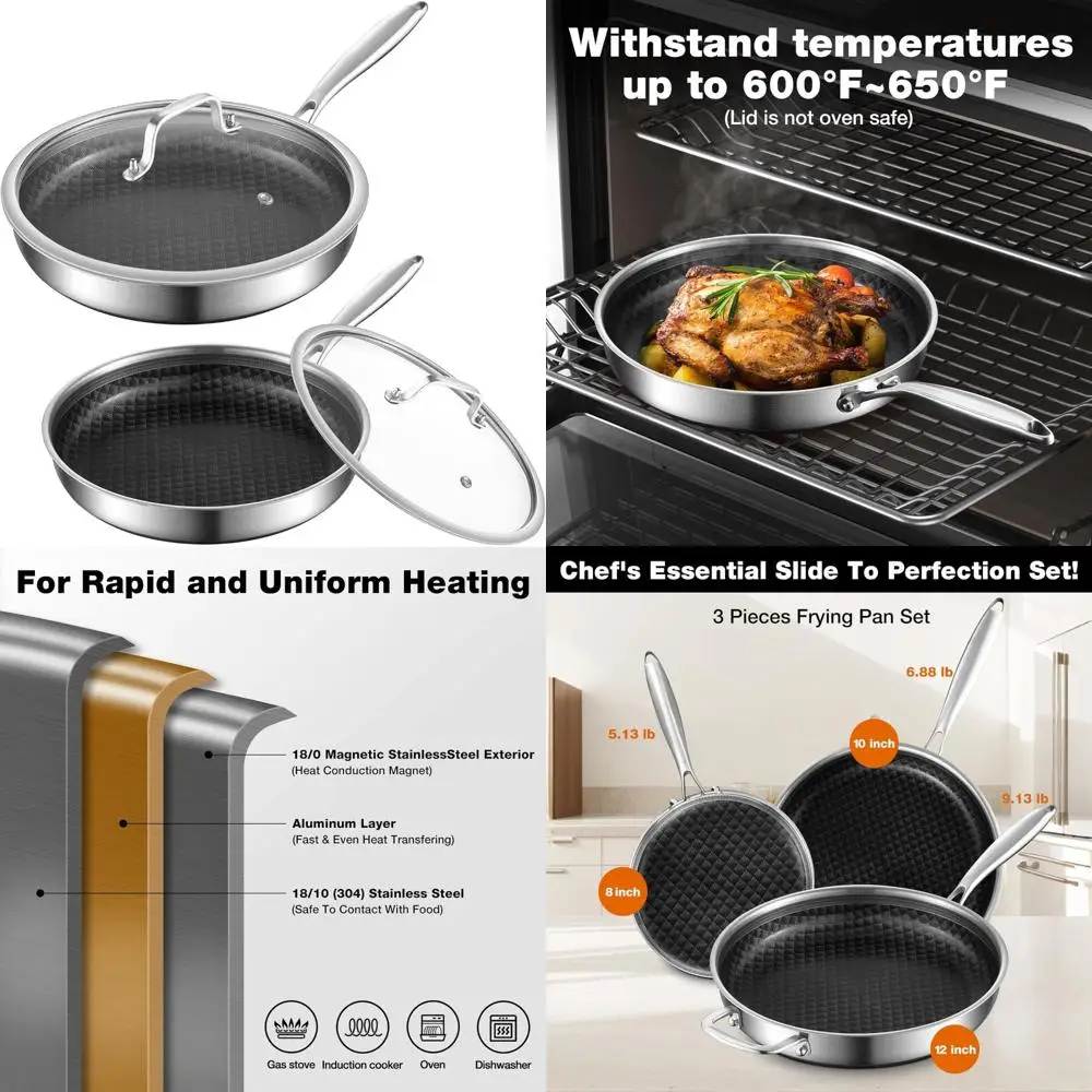 

Ceramic Coated Nonstick Stainless Steel Frying Pans Set, 8-10 Inch Tri-Ply Skillets with Lids, Cool-Touch Handles for Enhanced C