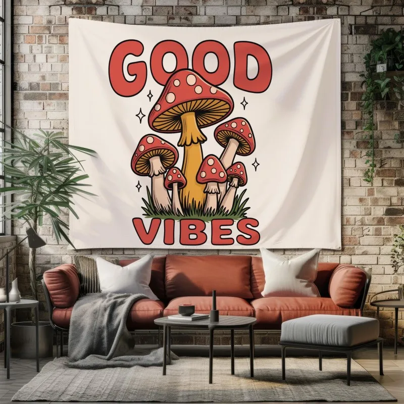 VIKAMA Good Vibes Mushroom Tapestry Wall Hanging Retro Red Orange Fly Agaric Quote Groovy Aesthetic Wall Art Bedroom Dorm Decor